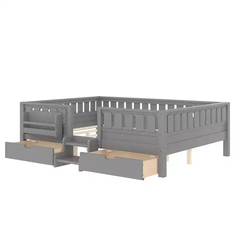 Lit pour tout-petits Bellemave Queen Size avec 14 barrières de sécurité, cadre de lit peu encombrant avec étagères intégrées et 2 tiroirs de rangement sous le lit