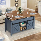 Table basse relevable avec 2 portes de grange coulissantes et rangement