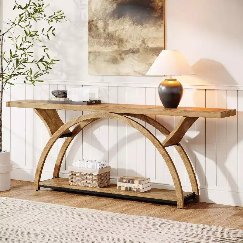 70.87 Table console industrielle avec étagères de rangement à 2 niveaux, marron clair