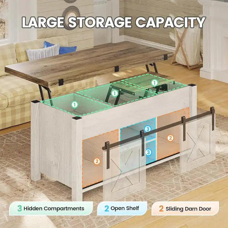 Table basse relevable avec 2 portes de grange coulissantes et rangement