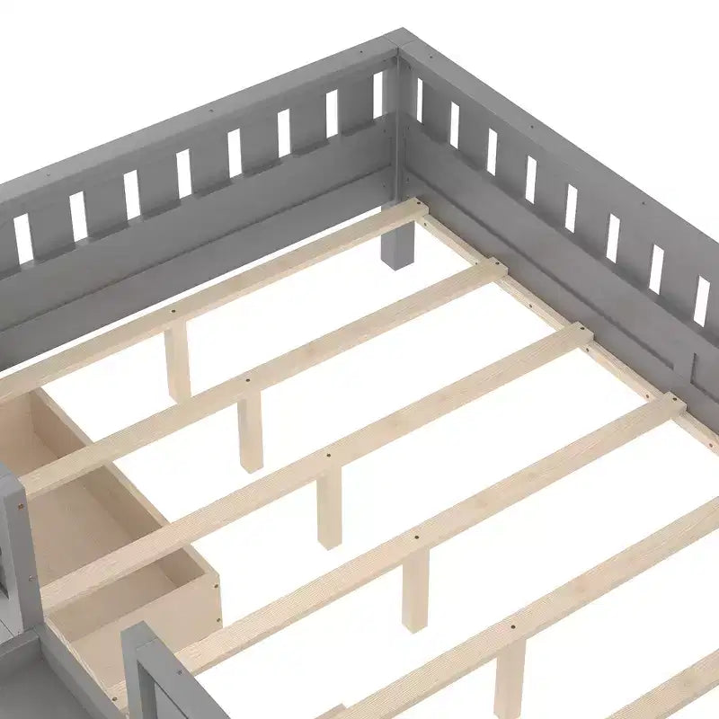Lit pour tout-petits Bellemave Queen Size avec 14 barrières de sécurité, cadre de lit peu encombrant avec étagères intégrées et 2 tiroirs de rangement sous le lit