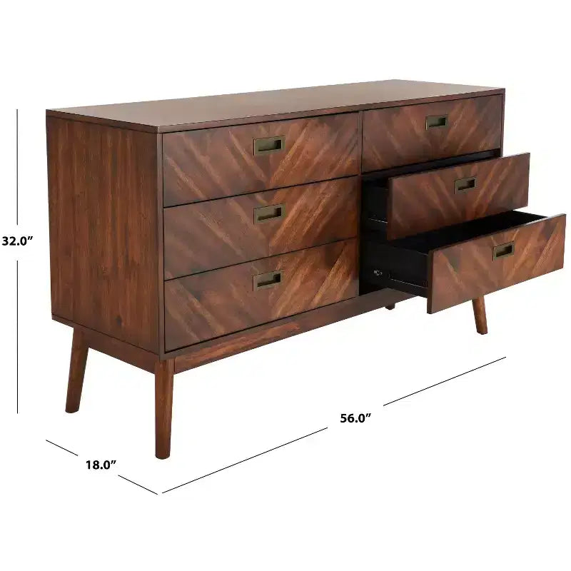 Commode à 6 tiroirs avec placage en acacia et pieds fuselés