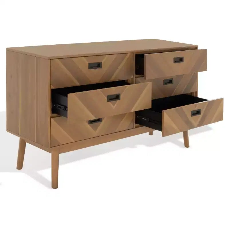 Commode à 6 tiroirs avec placage en acacia et pieds fuselés