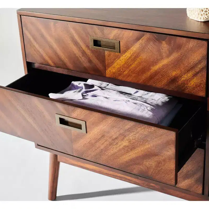 Commode à 6 tiroirs avec placage en acacia et pieds fuselés