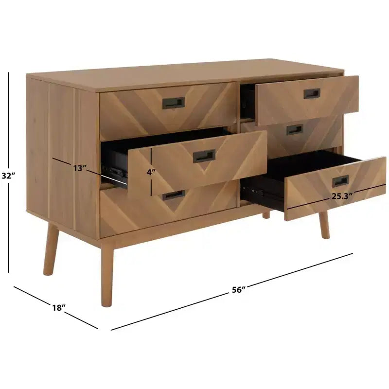 Commode à 6 tiroirs avec placage en acacia et pieds fuselés