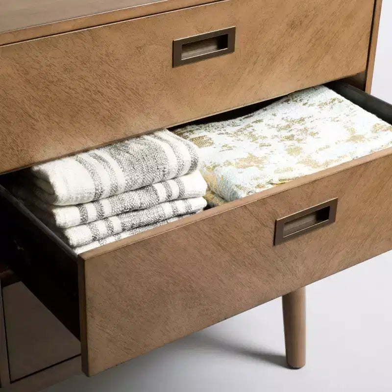 Commode à 6 tiroirs avec placage en acacia et pieds fuselés