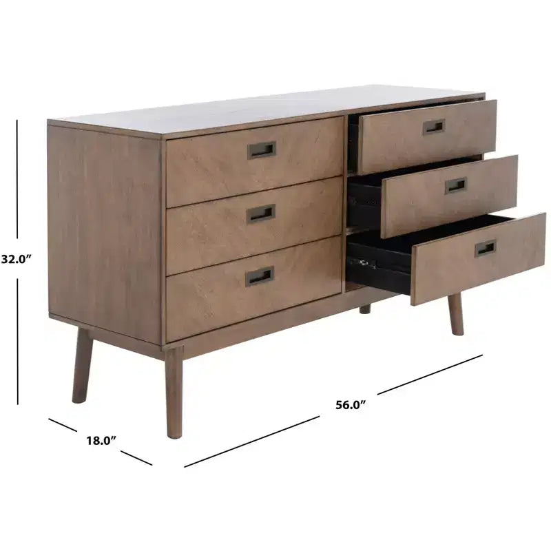 Commode à 6 tiroirs avec placage en acacia et pieds fuselés
