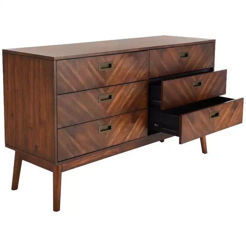 Commode à 6 tiroirs avec placage en acacia et pieds fuselés