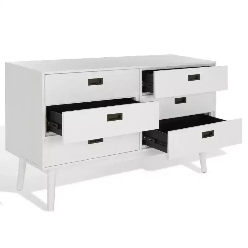 Commode à 6 tiroirs avec placage en acacia et pieds fuselés