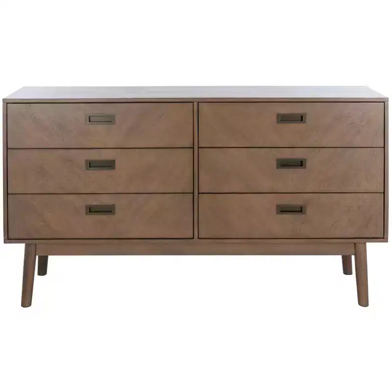 Commode à 6 tiroirs avec placage en acacia et pieds fuselés