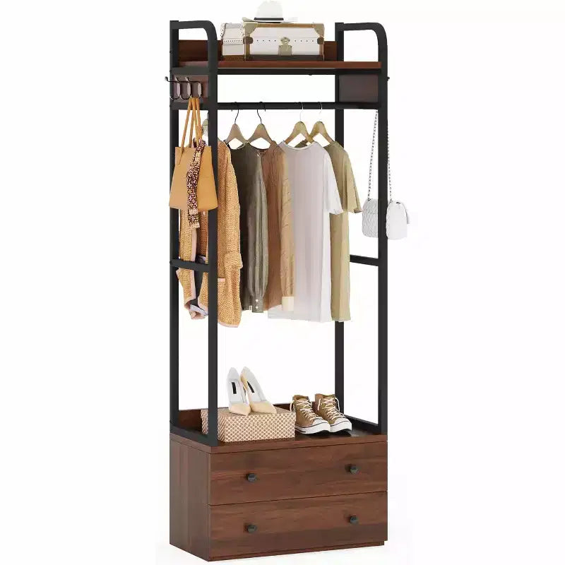 Porte-manteau autoportant avec tiroirs et barres de suspension