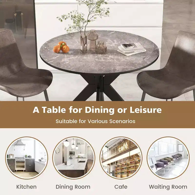 Table à manger ronde de 36 pouces avec plateau en similicuir marbre et pieds en bois
