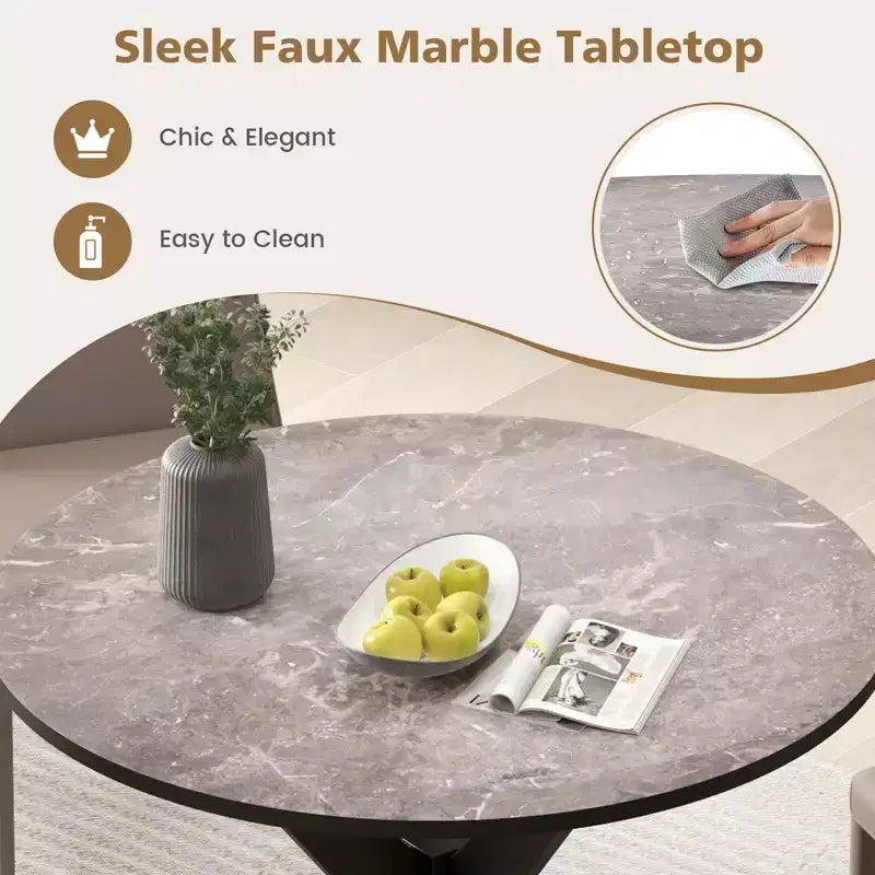 Table à manger ronde de 36 pouces avec plateau en similicuir marbre et pieds en bois