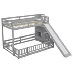 Lit superposé double sur complet avec toboggan, escalier de rangement, garde-corps de sécurité et cadre en bois de pin massif, Blanc/Gris