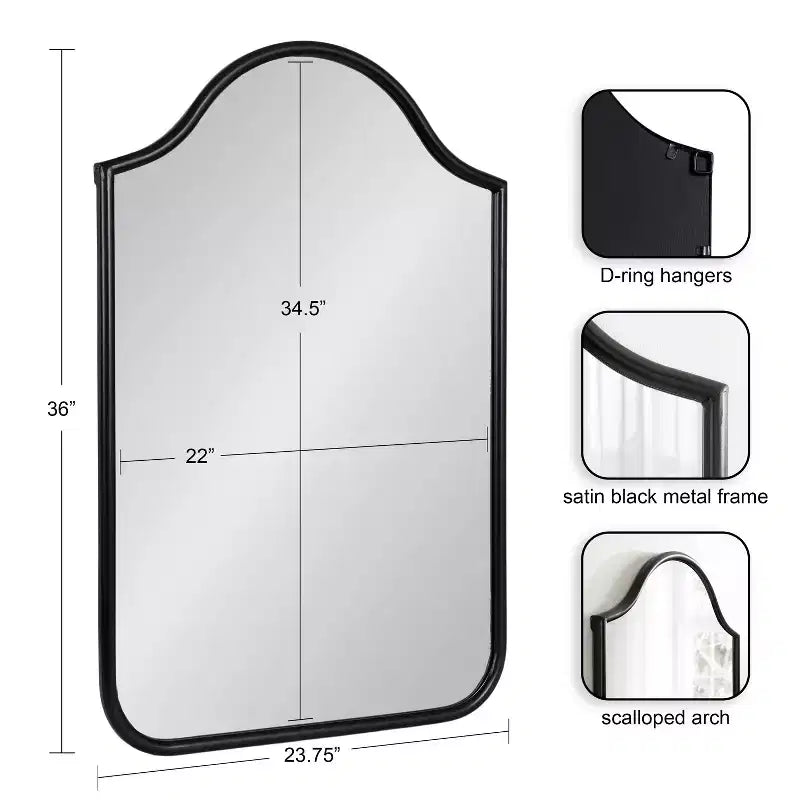 Miroir mural cintré encadré 24x36, noir ou doré