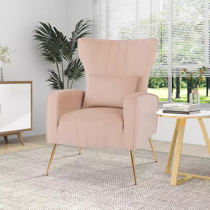 Fauteuil d'appoint dossier haut en velours avec coussin lombaire et pieds dorés