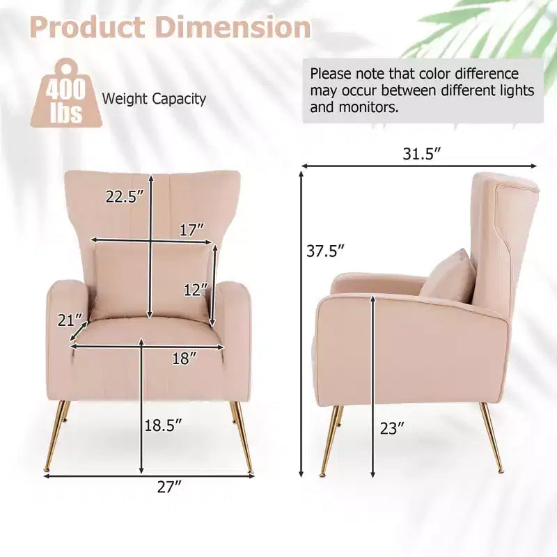 Fauteuil d'appoint dossier haut en velours avec coussin lombaire et pieds dorés
