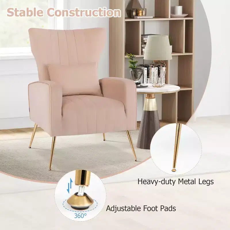 Fauteuil d'appoint dossier haut en velours avec coussin lombaire et pieds dorés