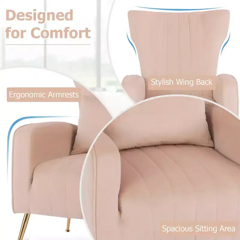 Fauteuil d'appoint dossier haut en velours avec coussin lombaire et pieds dorés