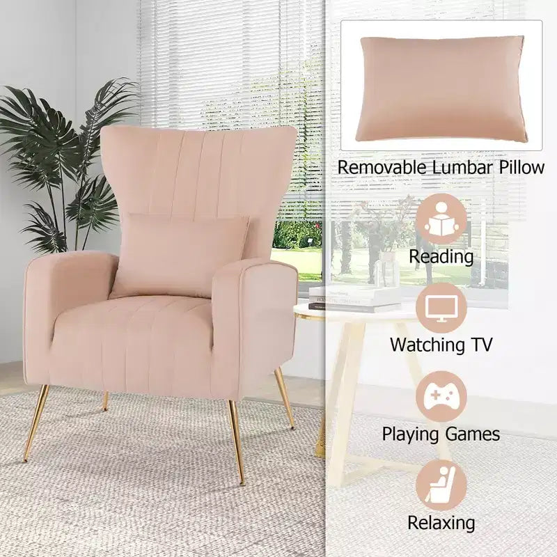 Fauteuil d'appoint dossier haut en velours avec coussin lombaire et pieds dorés