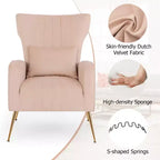 Fauteuil d'appoint dossier haut en velours avec coussin lombaire et pieds dorés