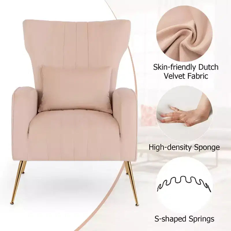 Fauteuil d'appoint dossier haut en velours avec coussin lombaire et pieds dorés