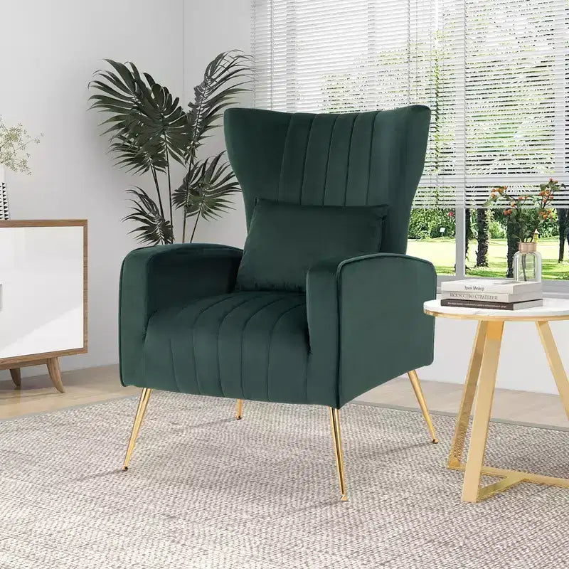 Fauteuil d'appoint dossier haut en velours avec coussin lombaire et pieds dorés