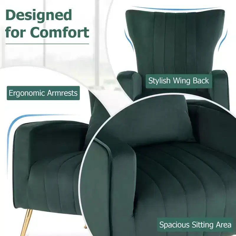 Fauteuil d'appoint dossier haut en velours avec coussin lombaire et pieds dorés