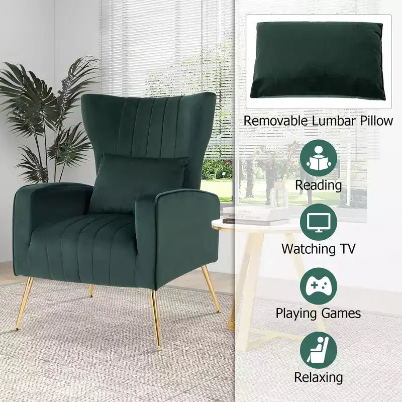 Fauteuil d'appoint dossier haut en velours avec coussin lombaire et pieds dorés