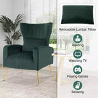 Fauteuil d'appoint dossier haut en velours avec coussin lombaire et pieds dorés
