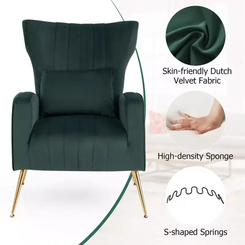 Fauteuil d'appoint dossier haut en velours avec coussin lombaire et pieds dorés