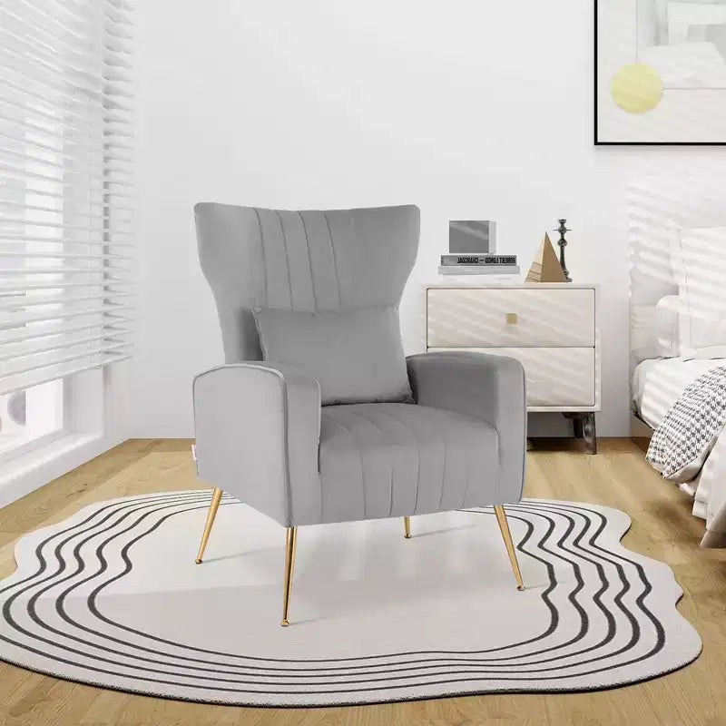 Fauteuil d'appoint dossier haut en velours avec coussin lombaire et pieds dorés