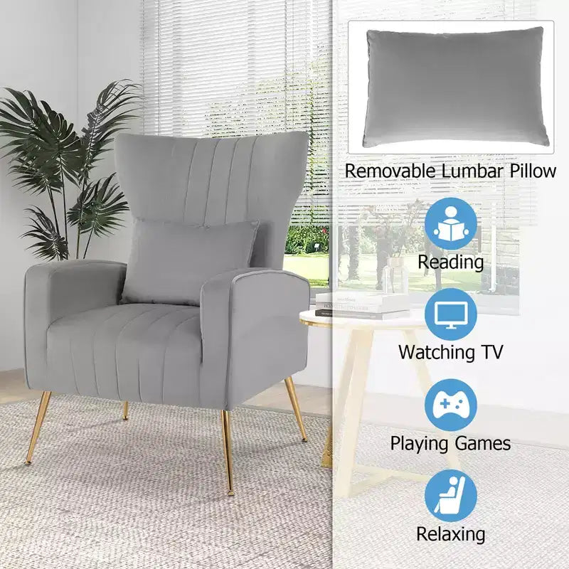 Fauteuil d'appoint dossier haut en velours avec coussin lombaire et pieds dorés