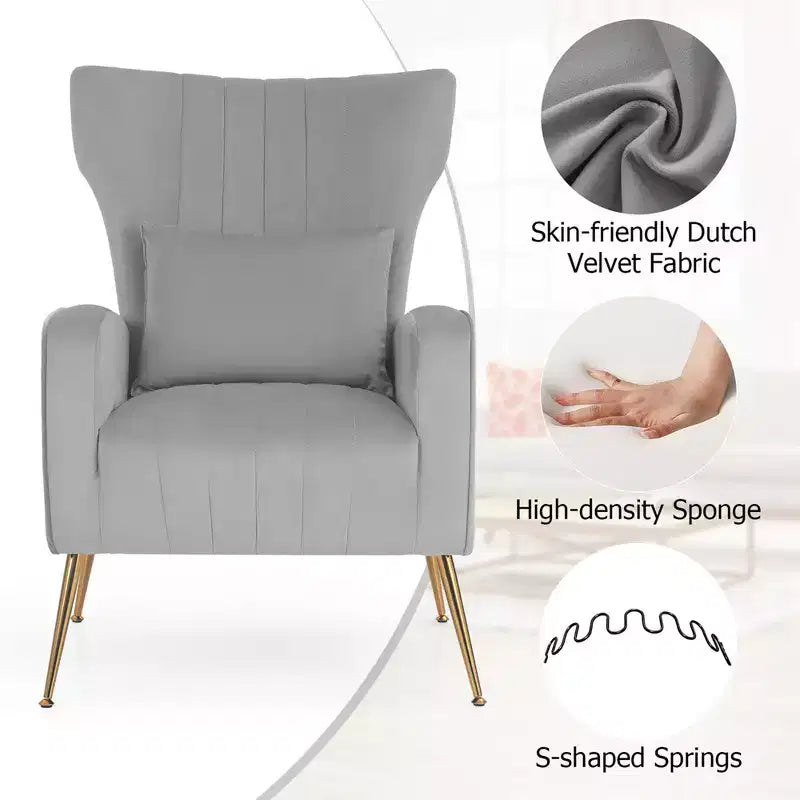 Fauteuil d'appoint dossier haut en velours avec coussin lombaire et pieds dorés