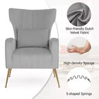Fauteuil d'appoint dossier haut en velours avec coussin lombaire et pieds dorés