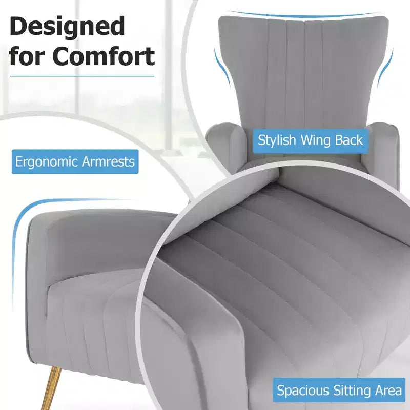 Fauteuil d'appoint dossier haut en velours avec coussin lombaire et pieds dorés