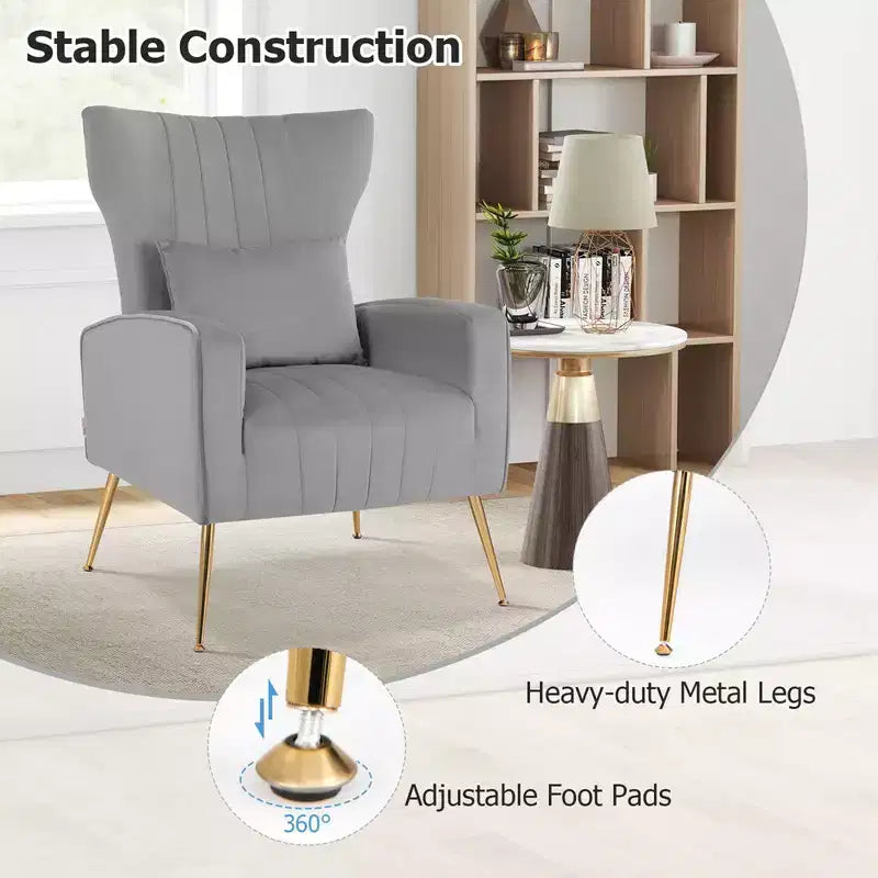Fauteuil d'appoint dossier haut en velours avec coussin lombaire et pieds dorés