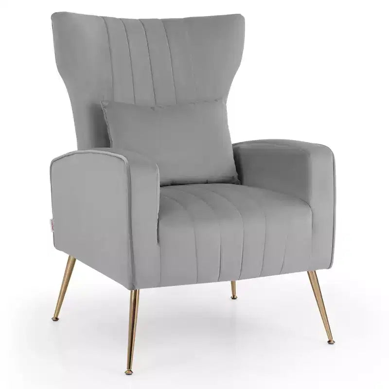 Costway Velvet Upholstered Wingback Chair with Lumbar Pillow & Golden Metal Legs Grey/Pink/Turquoise/White