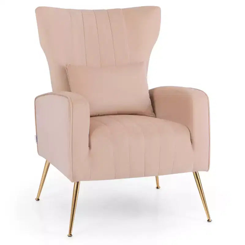 Fauteuil d'appoint dossier haut en velours avec coussin lombaire et pieds dorés