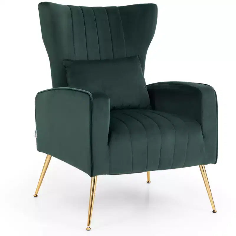 Fauteuil d'appoint dossier haut en velours avec coussin lombaire et pieds dorés