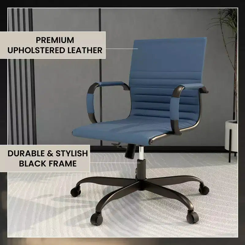 Chaise de bureau en cuir vegan nervuré avec base pivotante noir mat