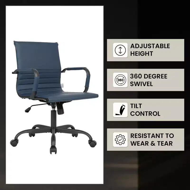 Chaise de bureau en cuir vegan nervuré avec base pivotante noir mat