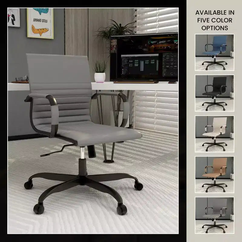 Chaise de bureau en cuir vegan nervuré avec base pivotante noir mat