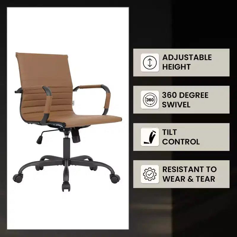 Chaise de bureau en cuir vegan nervuré avec base pivotante noir mat
