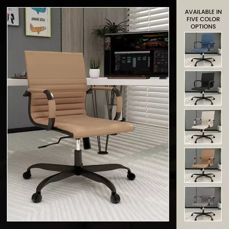 Chaise de bureau en cuir vegan nervuré avec base pivotante noir mat