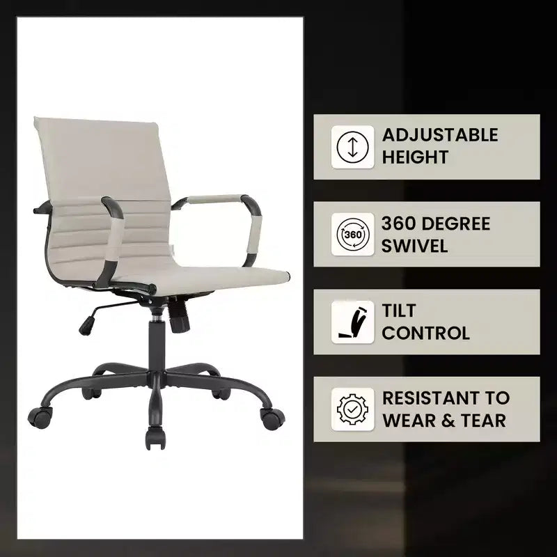 Chaise de bureau en cuir vegan nervuré avec base pivotante noir mat