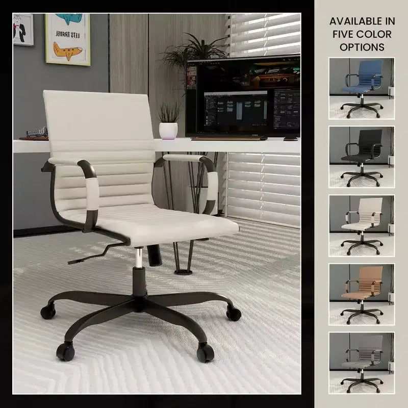 Chaise de bureau en cuir vegan nervuré avec base pivotante noir mat