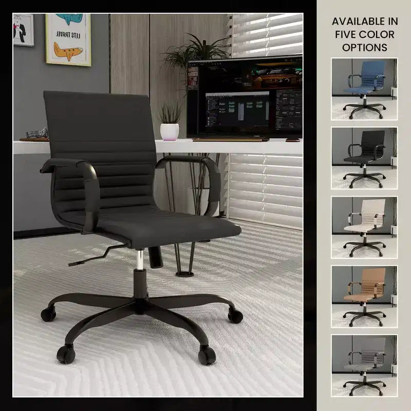 Chaise de bureau en cuir vegan nervuré avec base pivotante noir mat