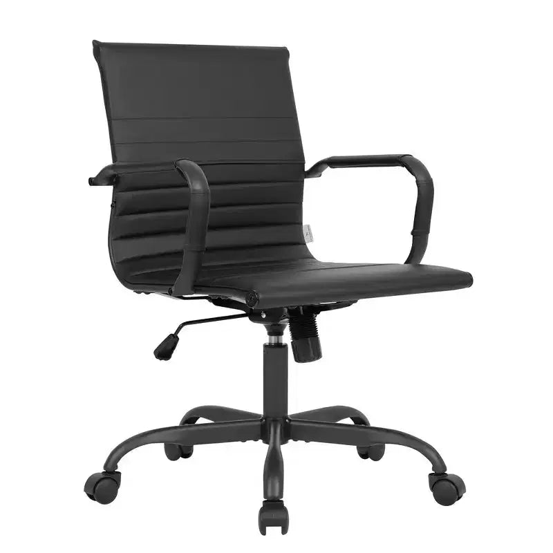 LeisureMod Harris Black Ribbed Vegan Leather Desk Chair - Matte Black Iron Swivel Base - Modern Conference & Office Seating