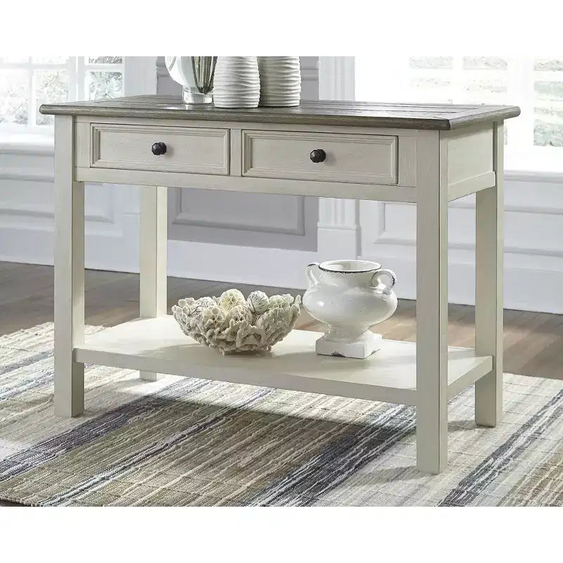 Console bicolore avec tiroirs et finition blanc antique